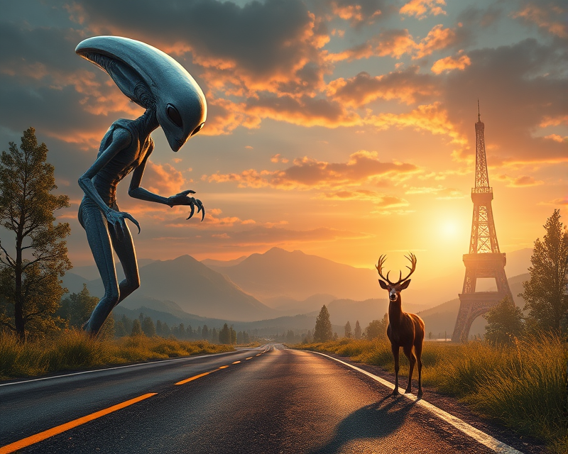 alien, road, shirt, deer, tower