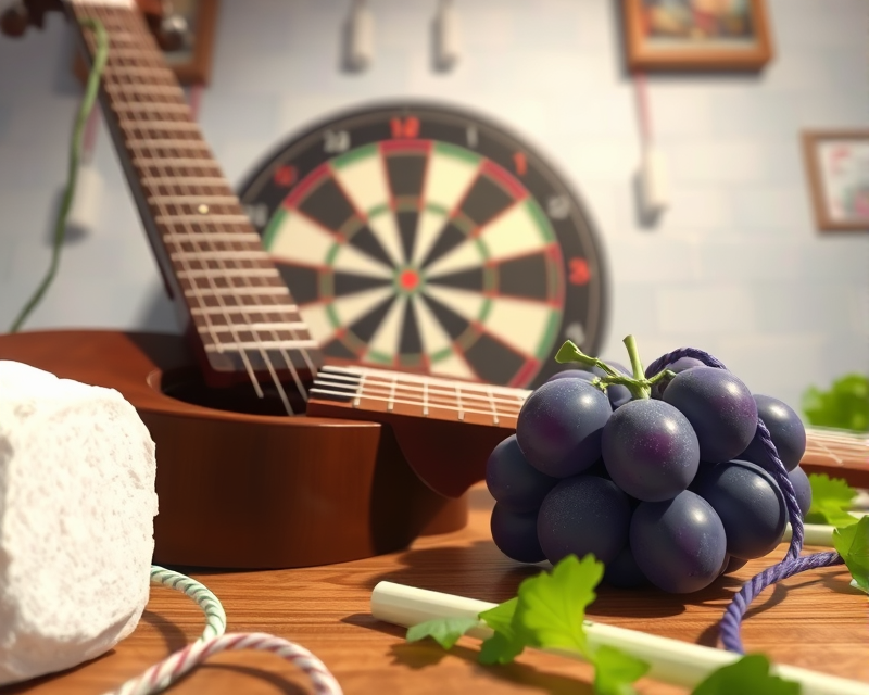 anime, guitar, yarn, marshmallow, dartboard, grape, celery