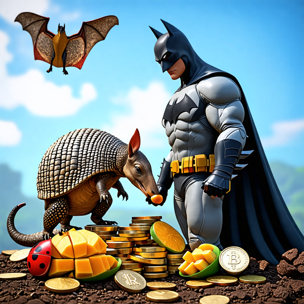 armadillo, batman, mango, ladybug, coin