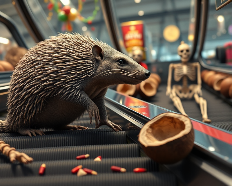 armadillo, nutcracker, escalator, coconut, skeleton