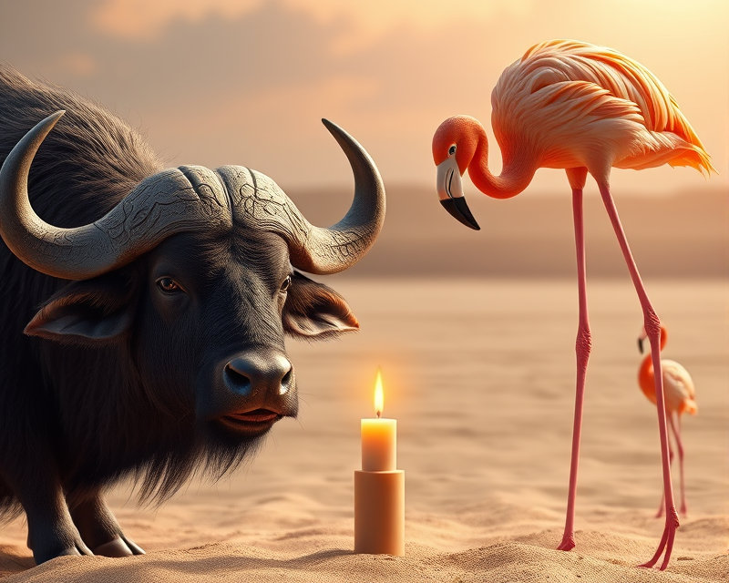 bacon, candle, buffalo, sand, flamingo