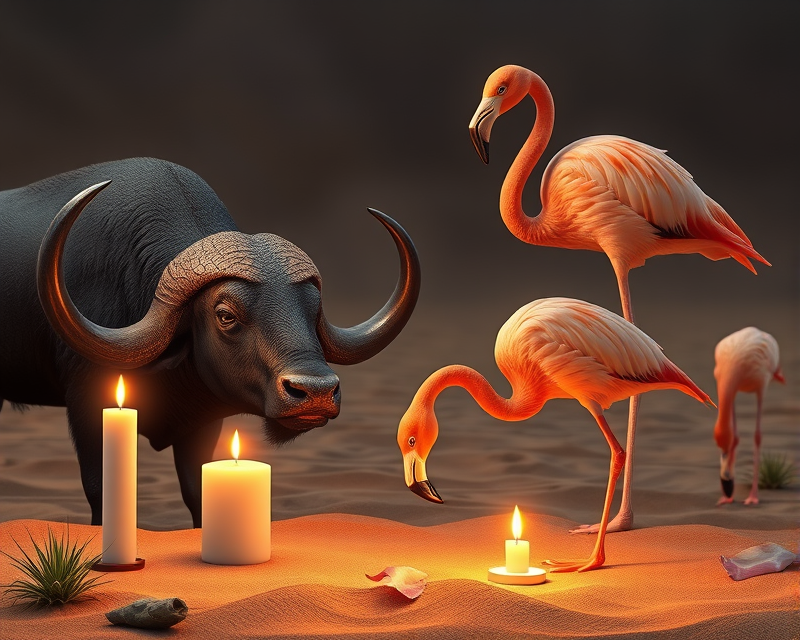 bacon, candle, buffalo, sand, flamingo