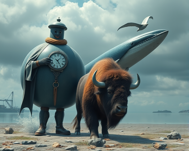 ball, costume, clock, whale, bison