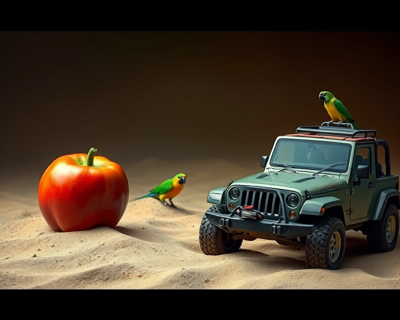 ball, pepperoni, doll, tortoise, parrot, sand, jeep