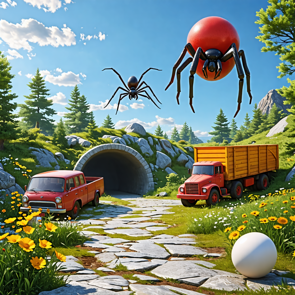 ball, truck, tunnel, egg, spider