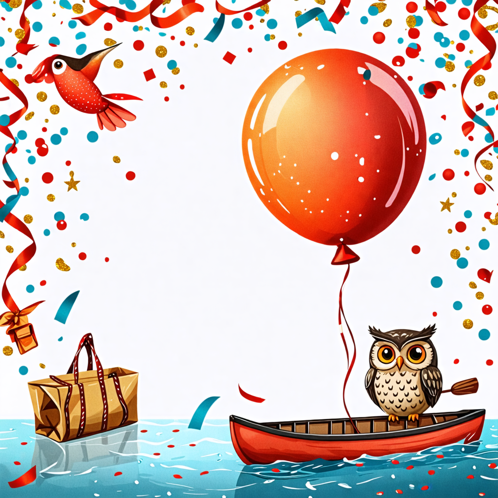 balloon, napkin, canoe, confetti, owl