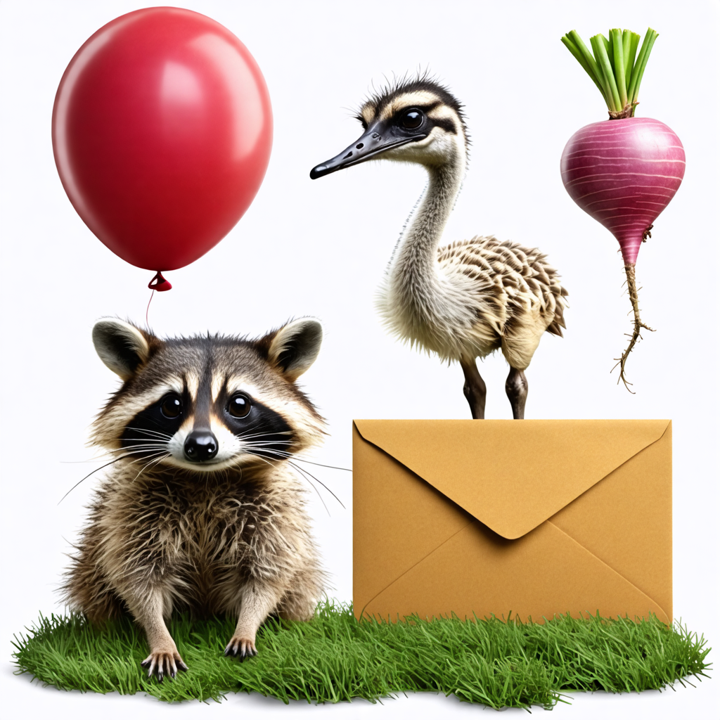 balloon, ostrich, turnip, envelope, raccoon