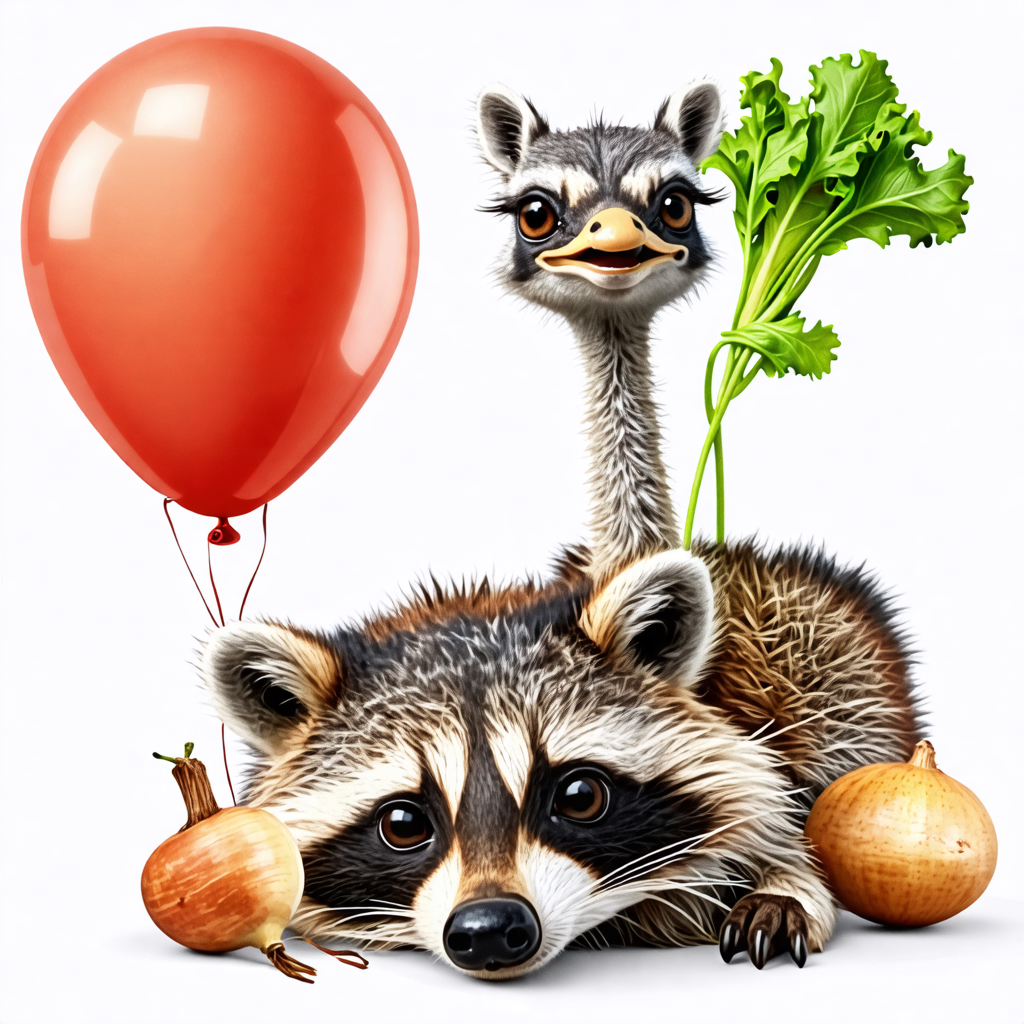 balloon, ostrich, turnip, envelope, raccoon