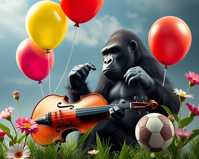 balloon, violin, football, flower, gorilla