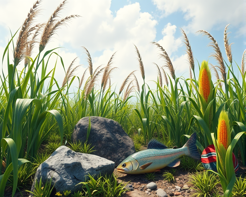 bandana, grass, rock, fish, corn