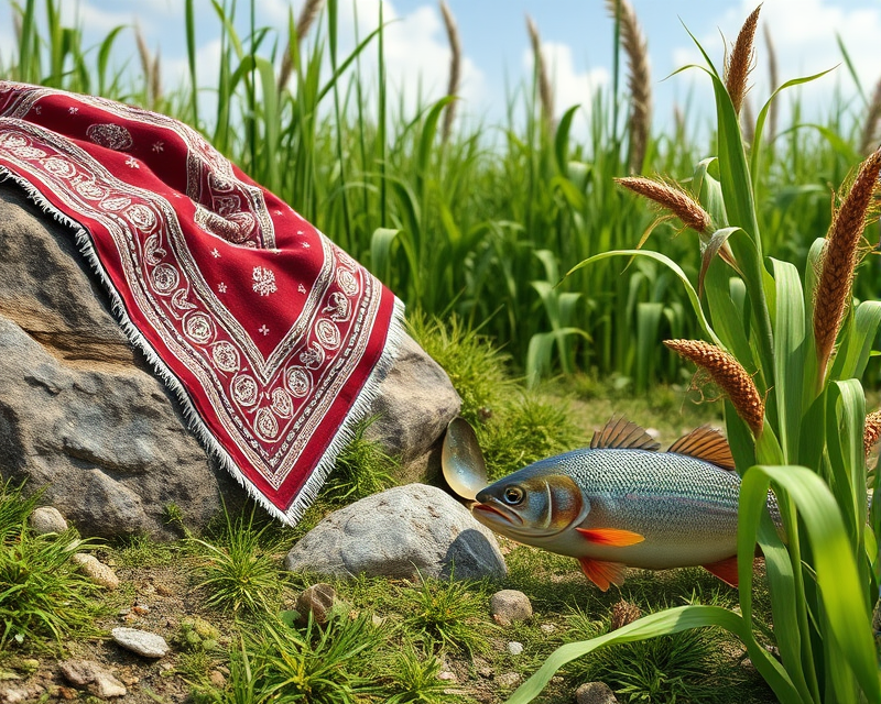 bandana, rock, grass, fish, corn