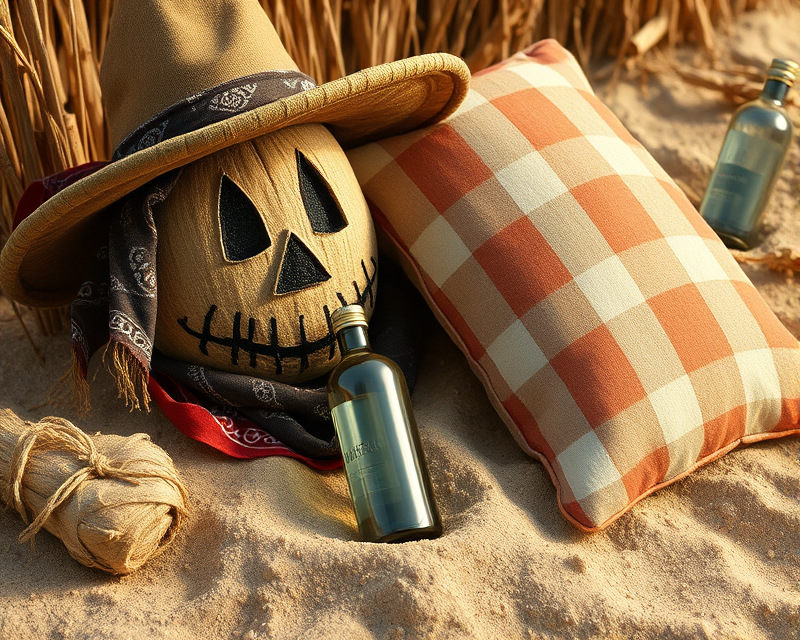 bandana, scarecrow, bottle, sand, pillow