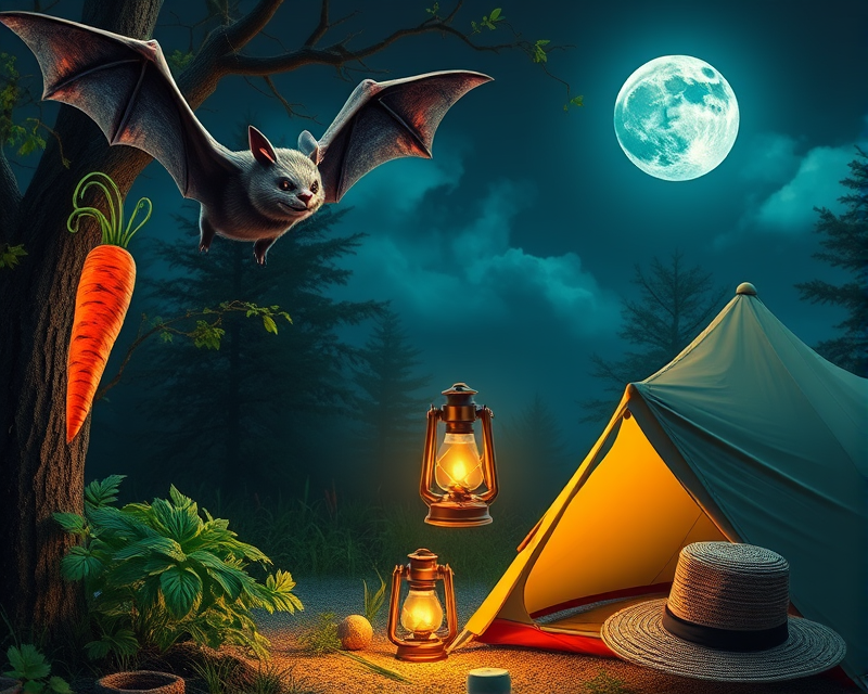 bat, carrot, lantern, tent, hat