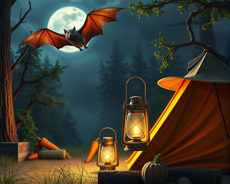 bat, carrot, lantern, tent, hat