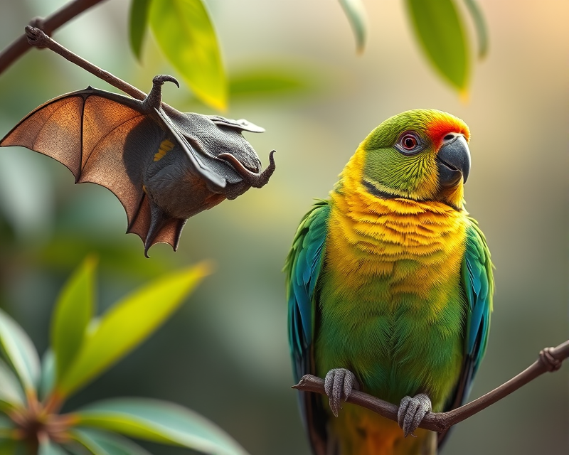 bat, chameleon, parakeet