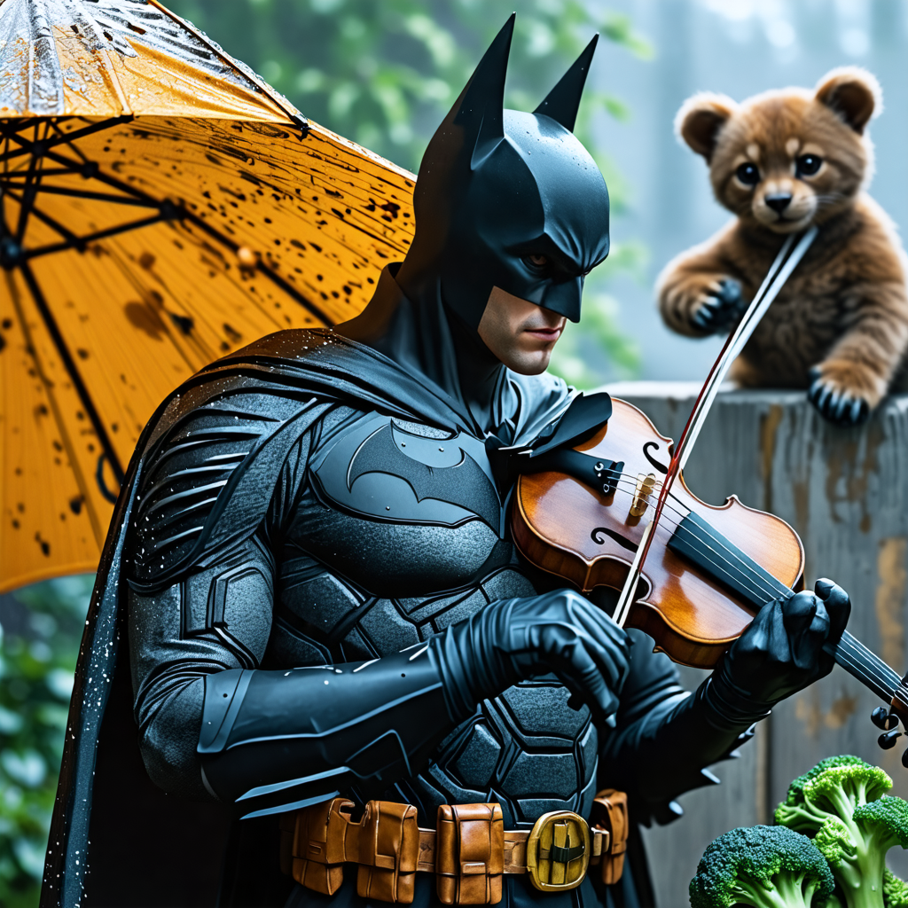 batman, umbrella, violin, cub, broccoli