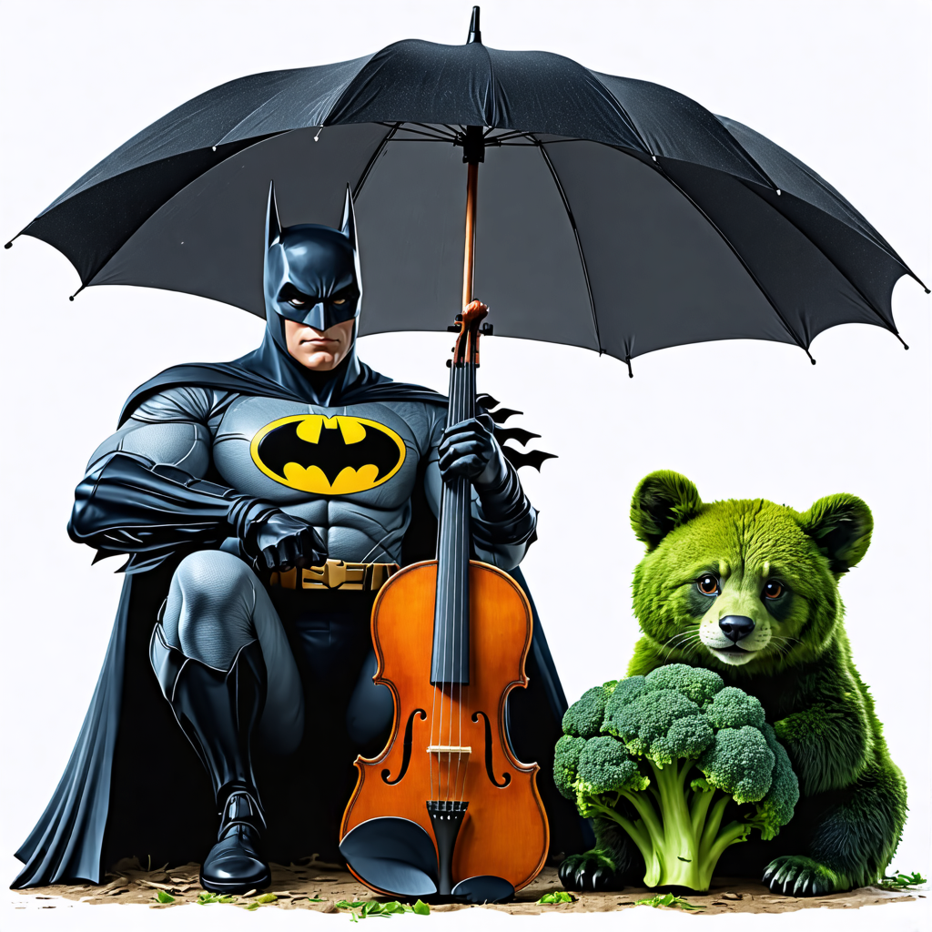 batman, umbrella, violin, cub, broccoli