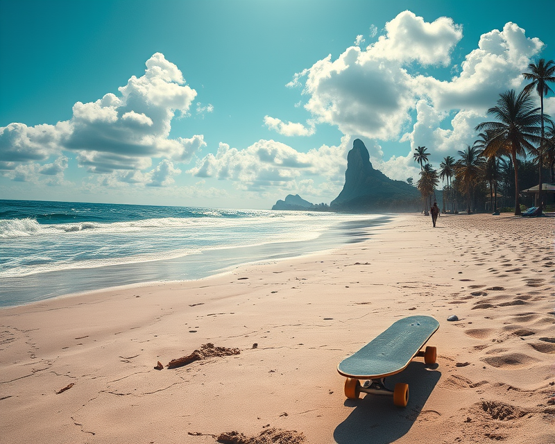 beach, skateboard