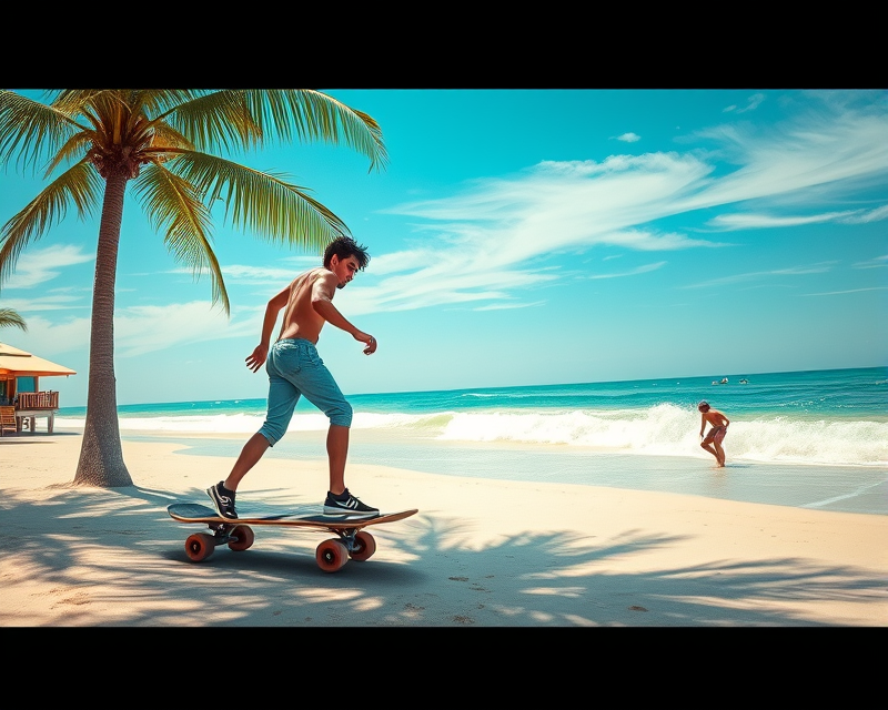 beach, skateboard