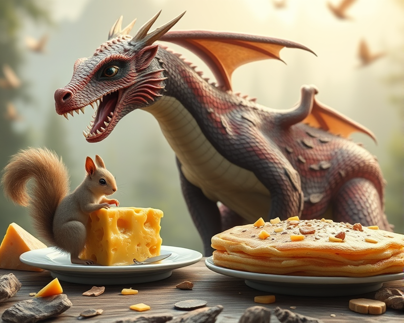 bear, dragon, squirrel, pancake, cheese