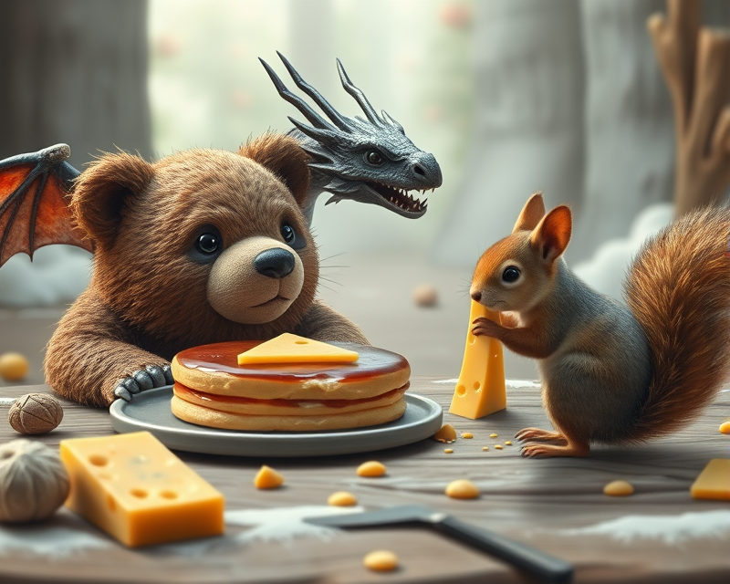 bear, dragon, squirrel, pancake, cheese