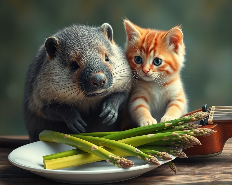 beaver, guitar, plate, kitten, asparagus