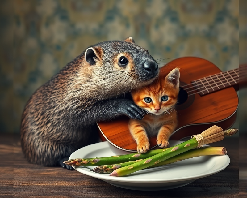 beaver, guitar, plate, kitten, asparagus