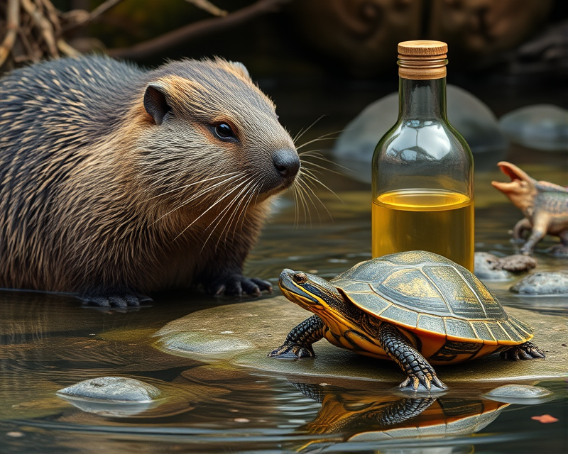 beaver, turtle, bottle