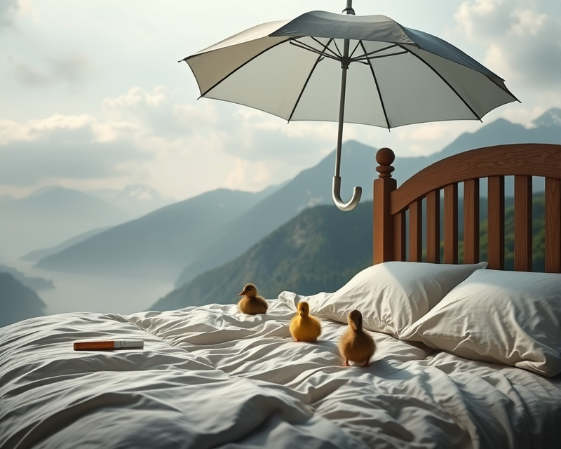 bed, cigarette, mountain, umbrella, duckling