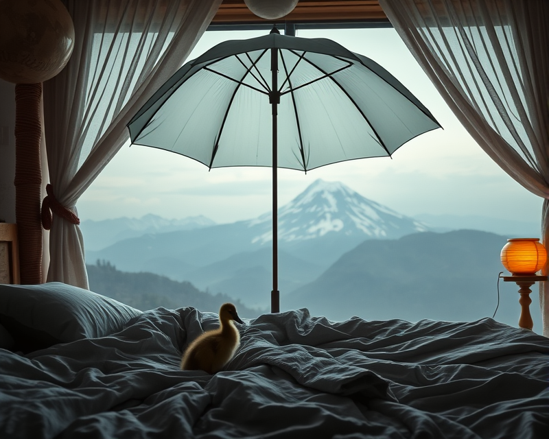 bed, cigarette, mountain, umbrella, duckling