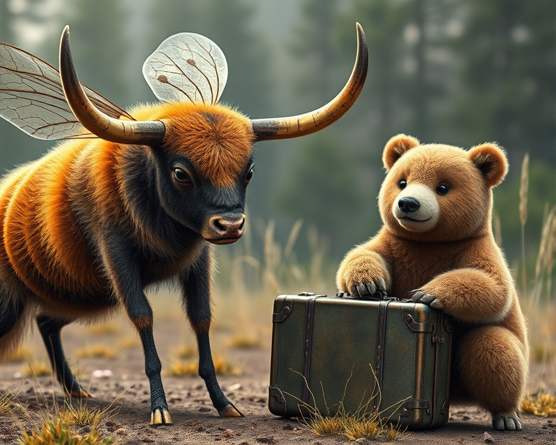 bee, bull, bear, suitcase