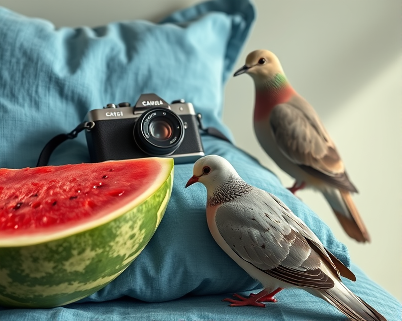 blue, pillow, camera, watermelon, dove