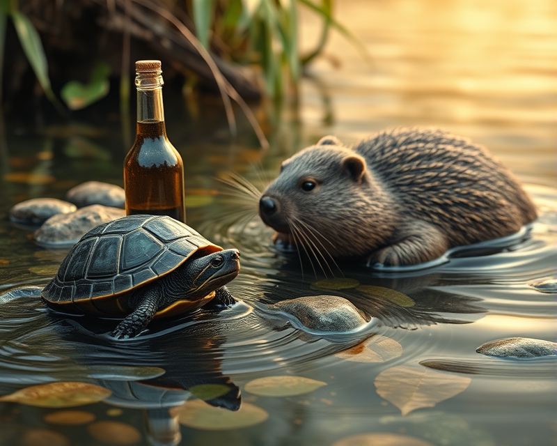 bottle, turtle, beaver