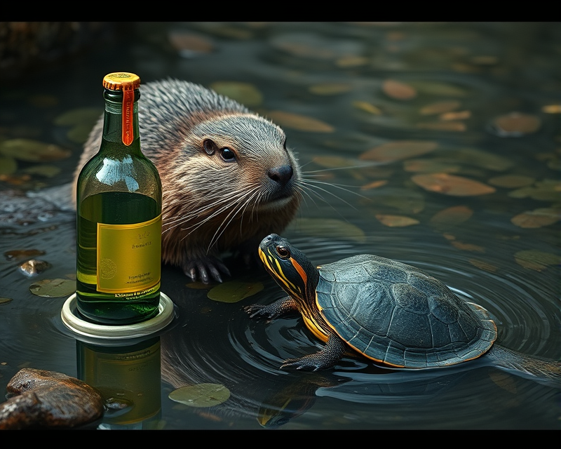 bottle, turtle, beaver