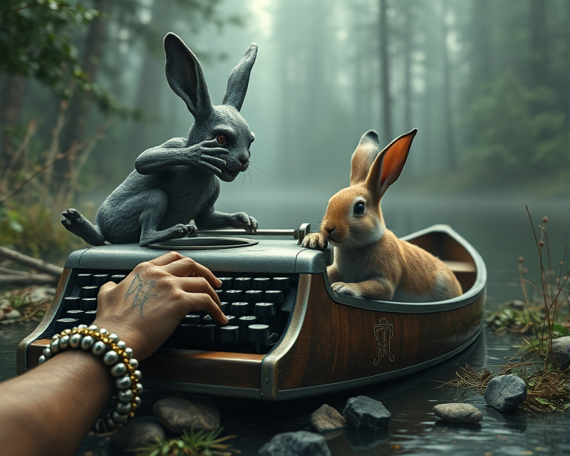 bracelet, zombie, typewriter, rabbit, canoe