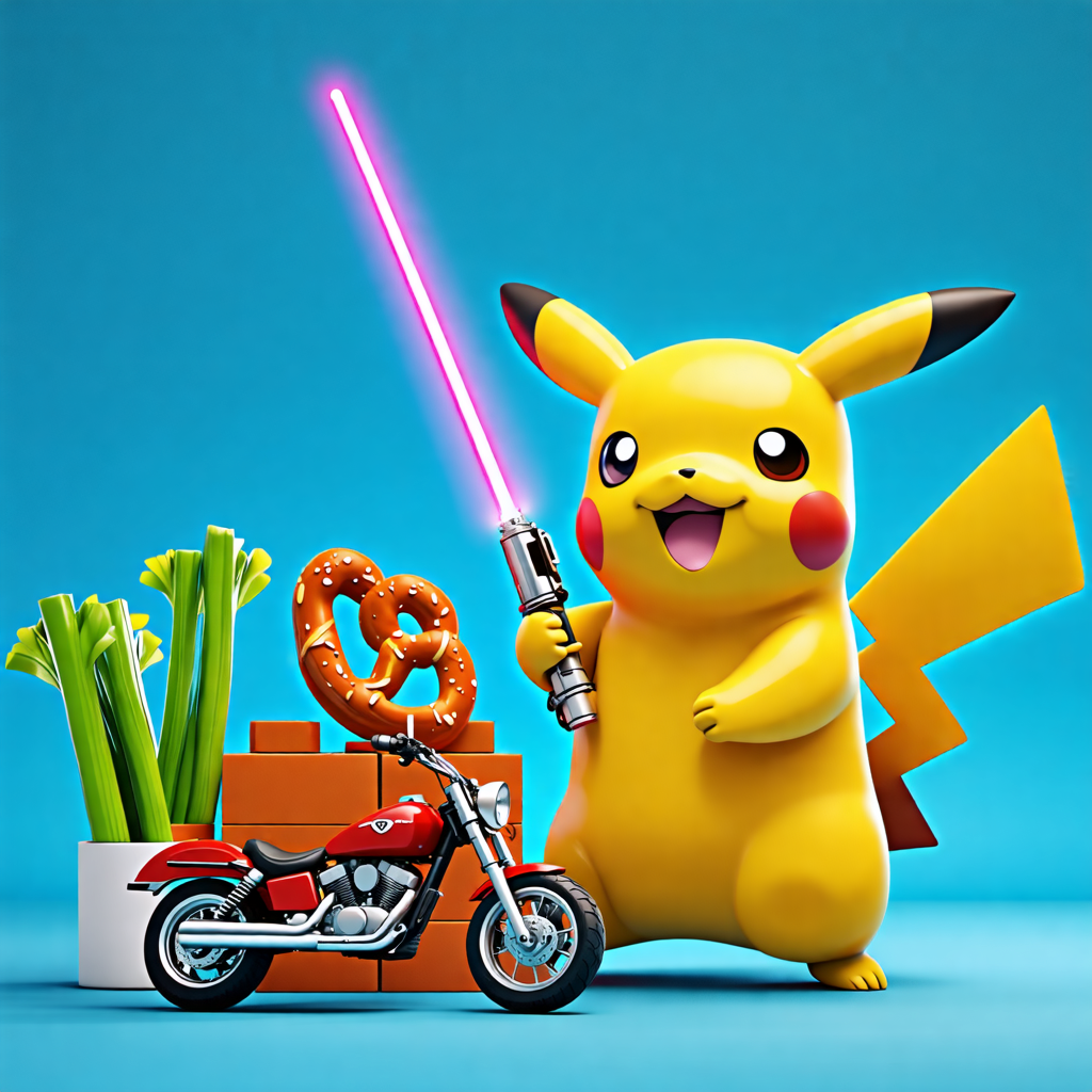 brick, pikachu, pretzel, lightsaber, pig, celery, coffee, pillow, witch, motorcycle