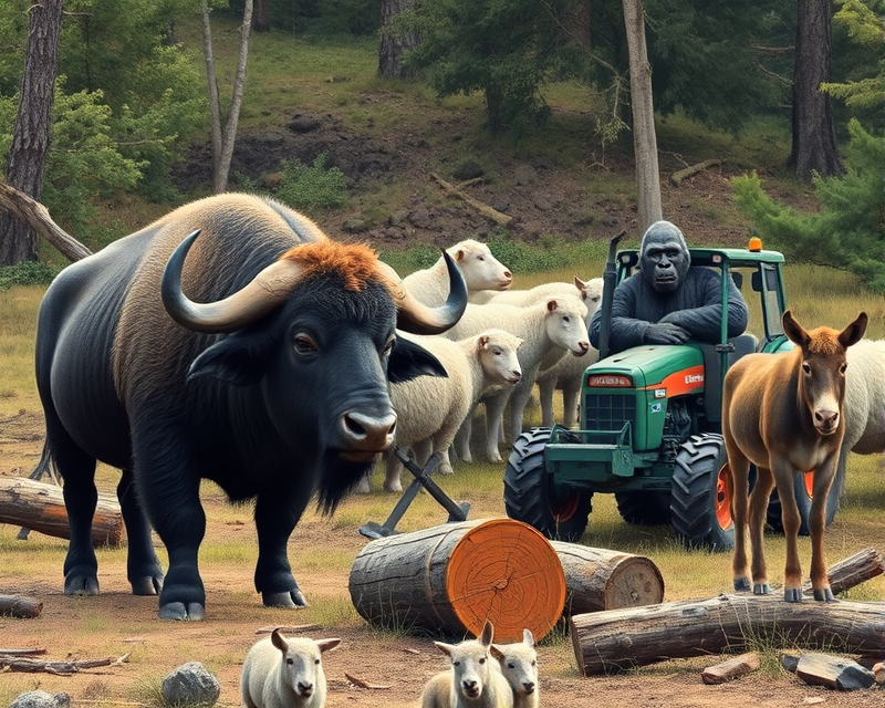 buffalo, sheep, log, gorilla, tractor, donkey