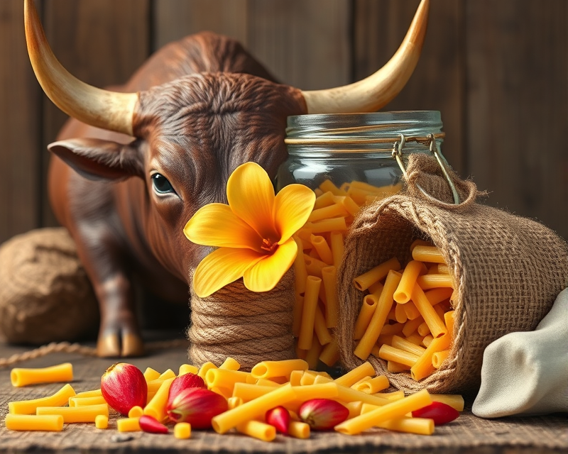 bull, jar, flower, rope, macaroni