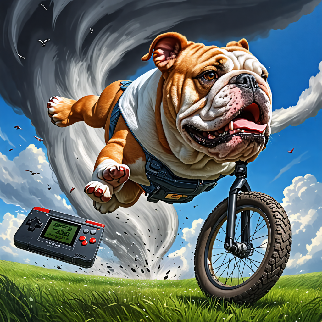 bulldog, gameboy, unicycle, tornado