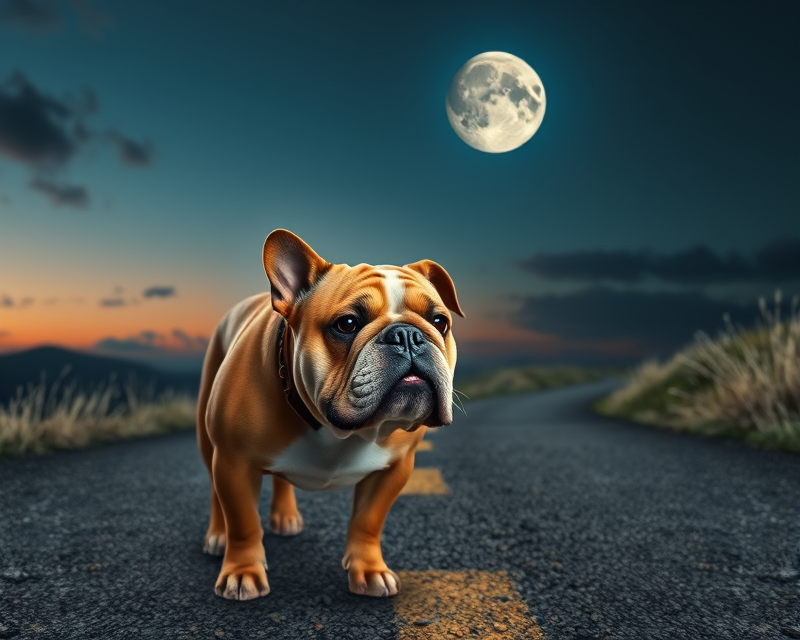 bulldog, moon, road