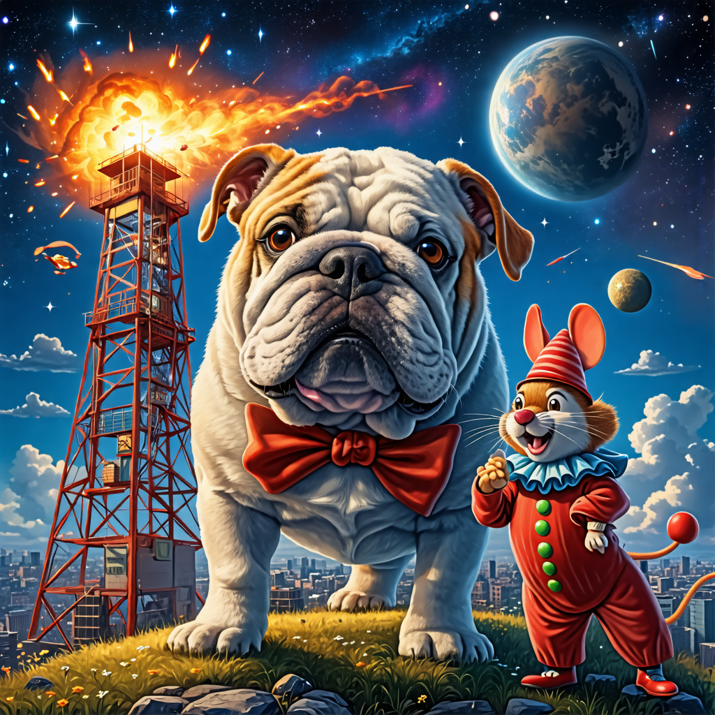 bulldog, mouse, tower, clown, meteor