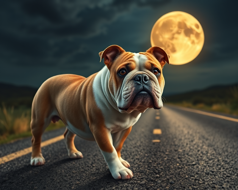 bulldog, road, moon