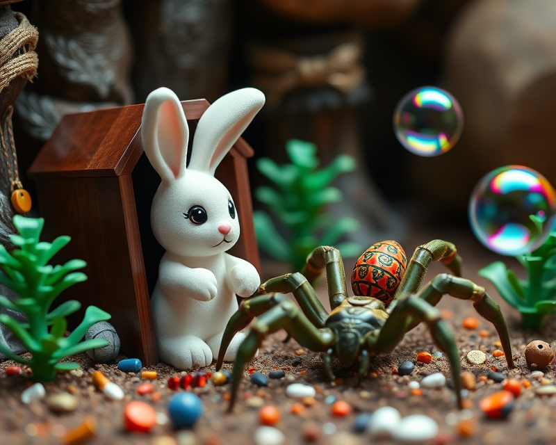 bunny, coffin, lego, tarantula, bubble