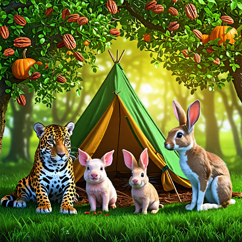 bunny, piglet, jaguar, pecan, deer, green, grass, tent, halloween