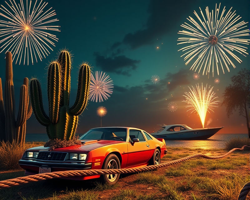 cactus, medal, car, fireworks, boat, soccer, fox, rope