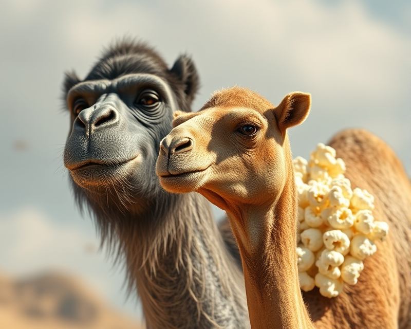 camel, gorilla, popcorn