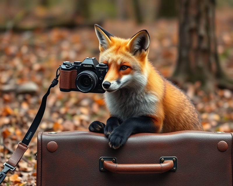 camera, fox, suitcase