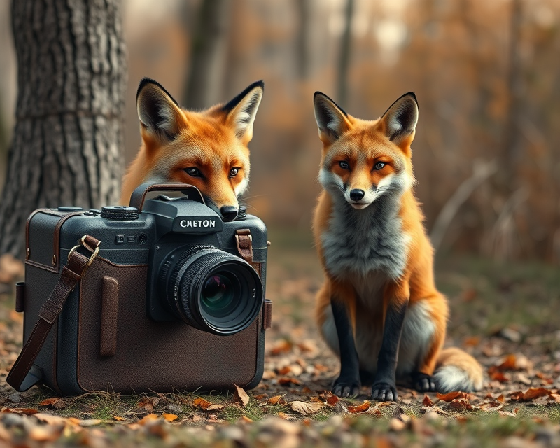 camera, fox, suitcase