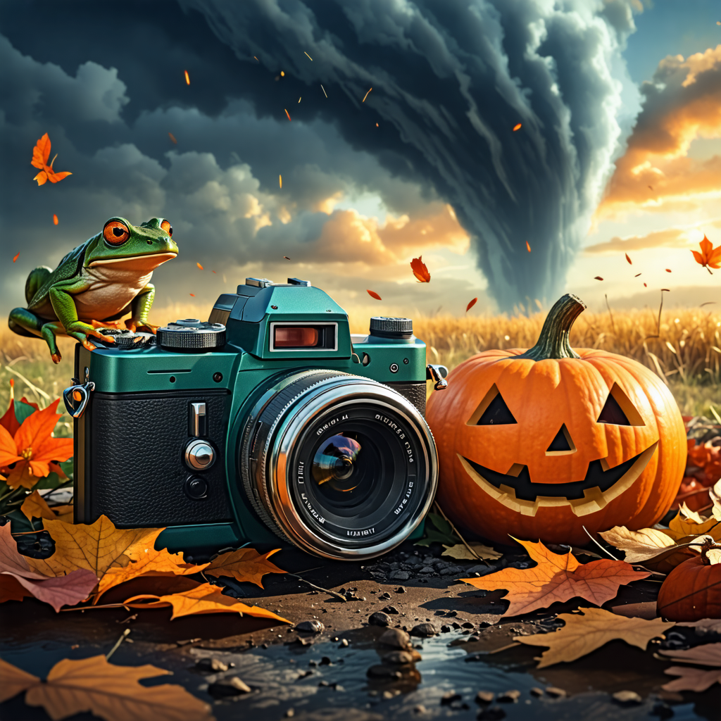 camera, frog, pumpkin, tornado, car