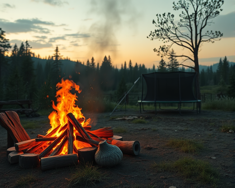 campfire, cauldron, motorcycle, trampoline